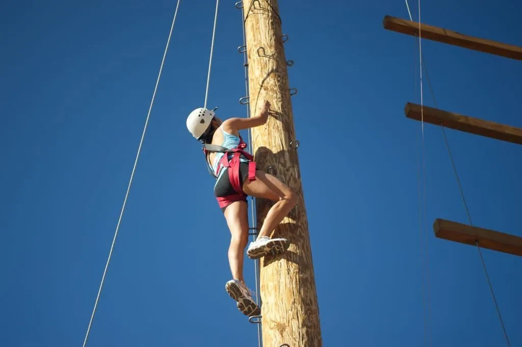 Person with climbing gear on quantum leap course climbing up a pole